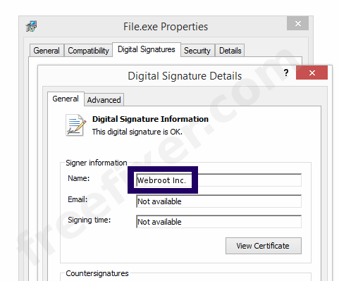 Screenshot of the Webroot Inc. certificate